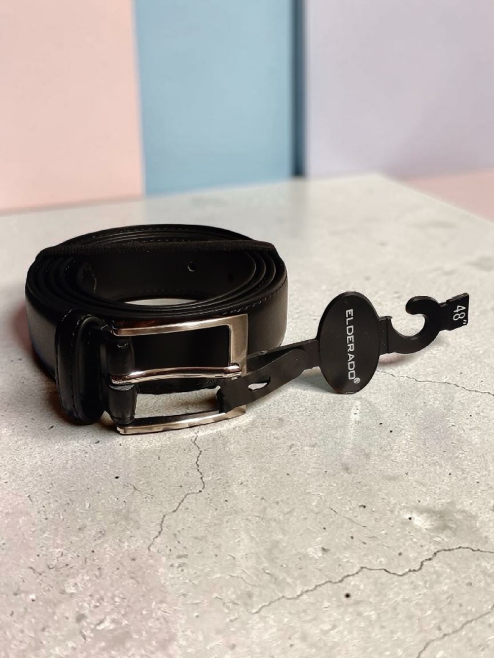 NWT Elderado Men's Black Leather Belt With Silver Buckle Accent Size 48